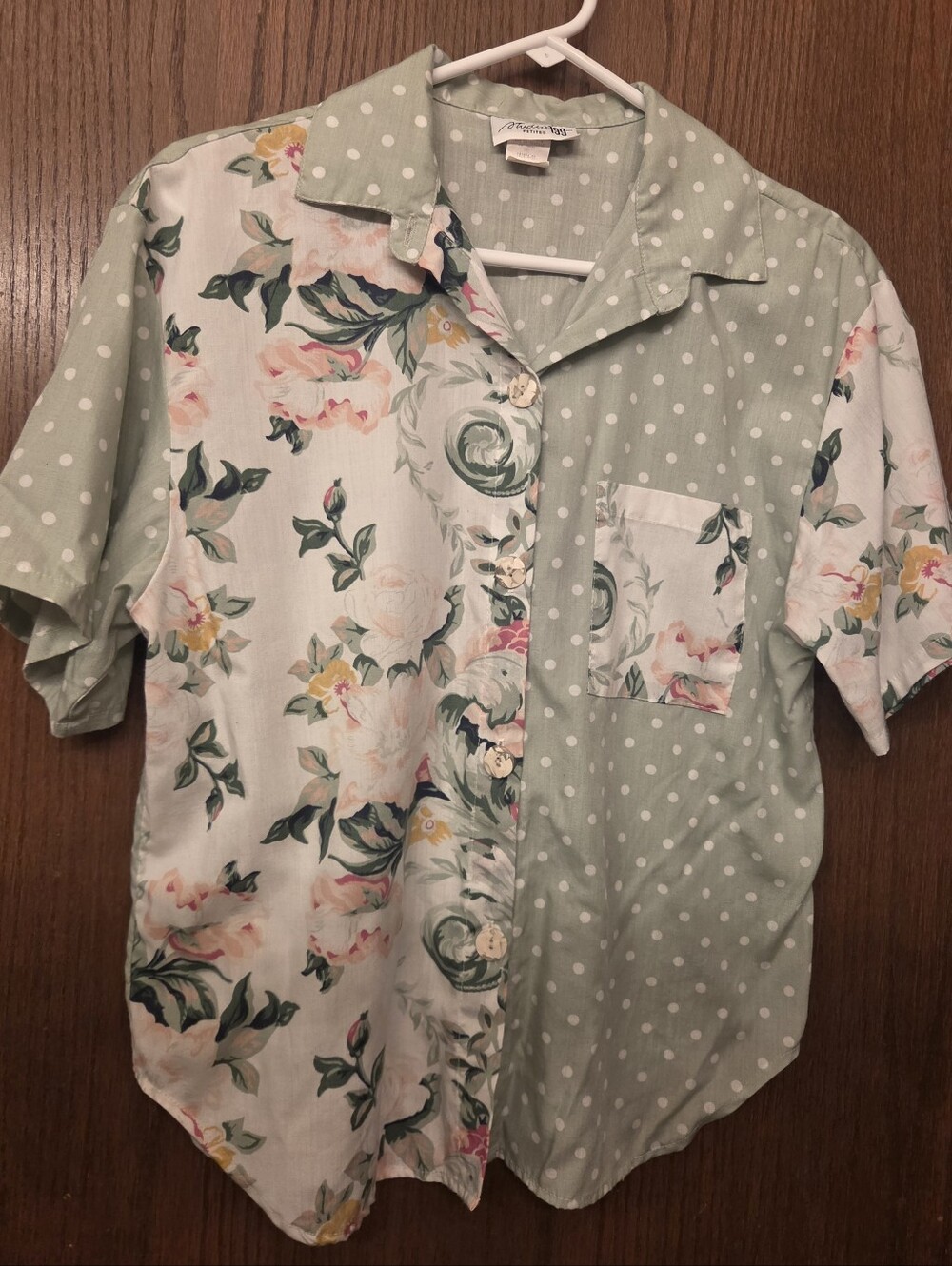 Vintage 80s Floral & Polka Dot Short Sleeve Shirt - Sage Green Womens PL